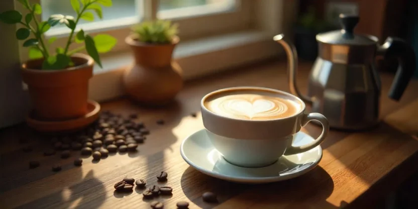 Cozy kitchen with freshly made latte, coffee grinder, kettle, and coffee beans bathed in sunlight.