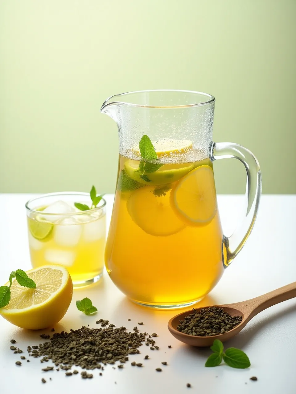 Cold-brewed green tea in a glass pitcher with lemon slices and herbs, served with a glass of iced tea.