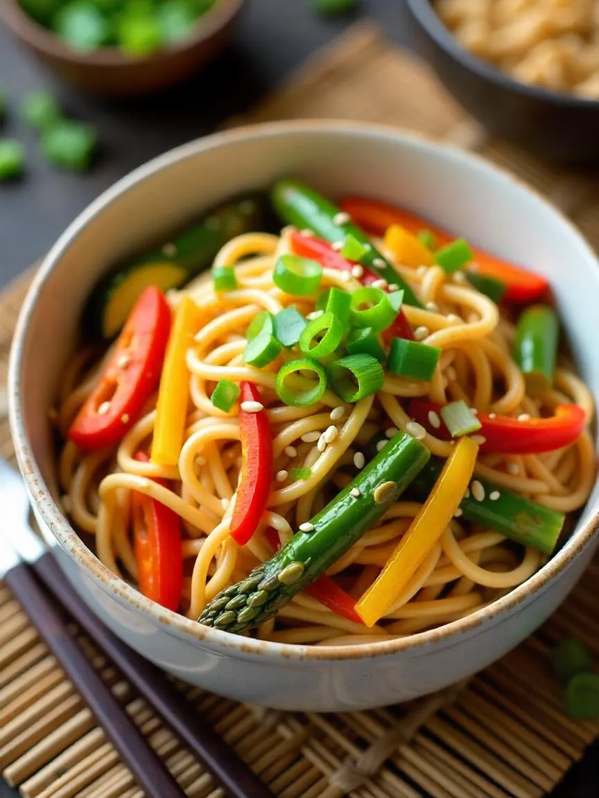 Cold sesame noodles with grilled vegetables, garnished with sesame seeds and scallions.