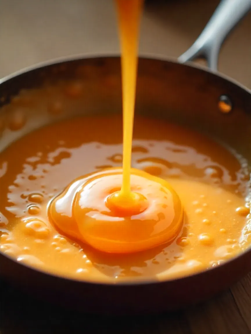 Pan with caramel showing color gradient from light to dark amber.