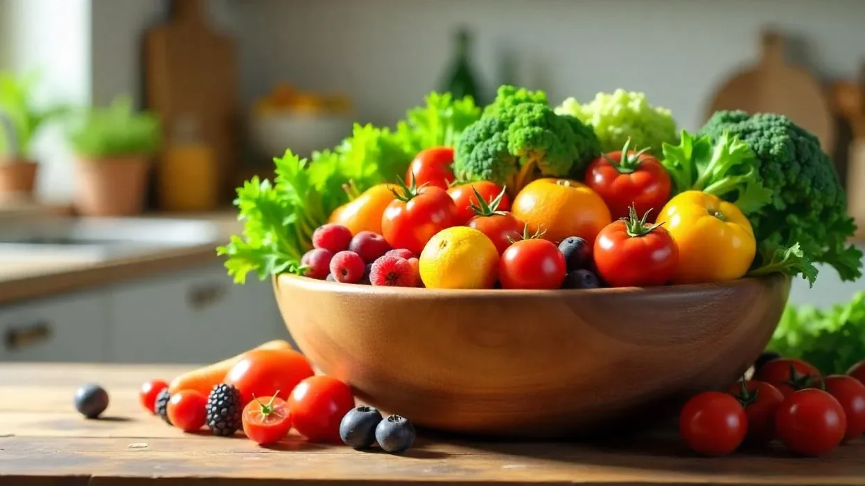 A wooden bowl filled with a colorful assortment of fresh fruits and vegetables on a kitchen table.