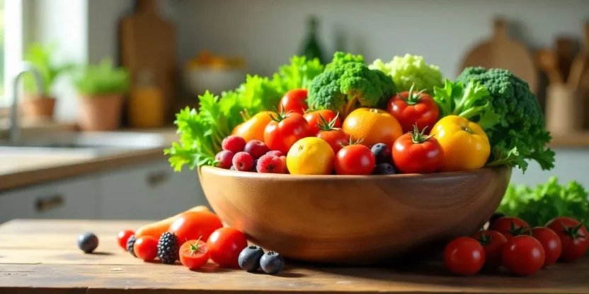 A wooden bowl filled with a colorful assortment of fresh fruits and vegetables on a kitchen table.
