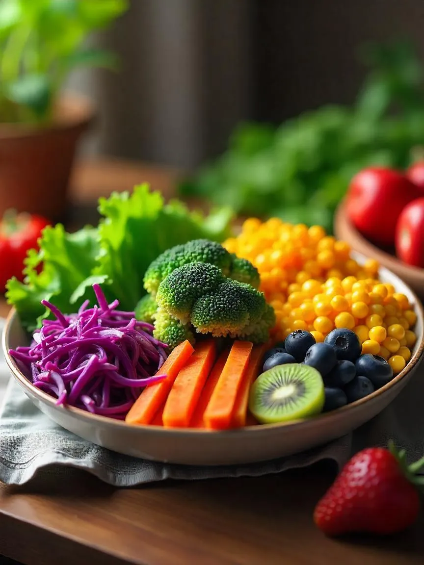 Photorealistic plate filled with colorful vegetables and fruits in a bright kitchen setting, emphasizing variety and freshness.