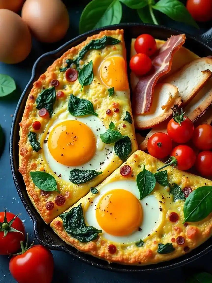 Golden vegetable frittata in skillet with fresh eggs and greens on kitchen counter.