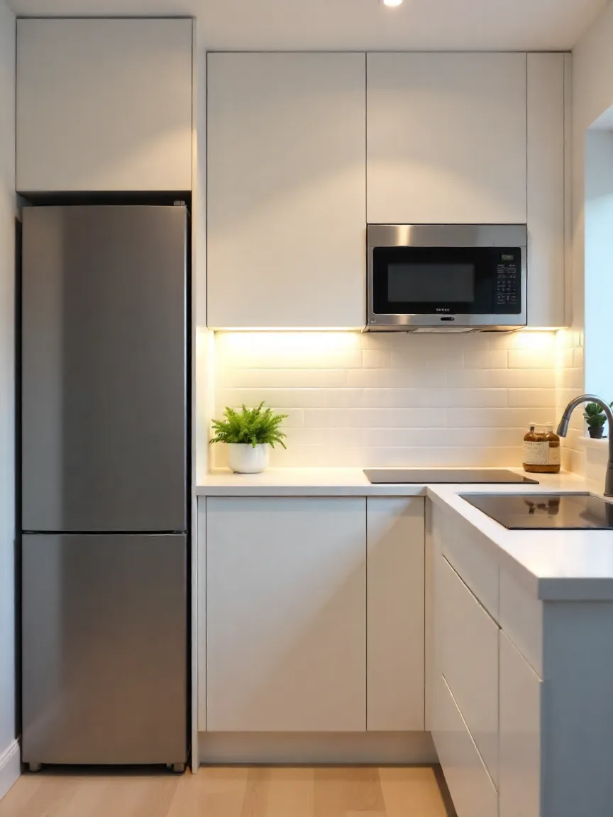 Modern kitchen with compact, space-saving appliances, including an over-the-range microwave and slim refrigerator.