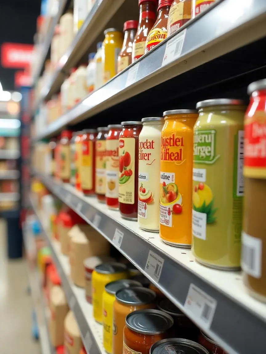 A grocery store shelf with canned and packaged foods, labels blurred to avoid visible text. 