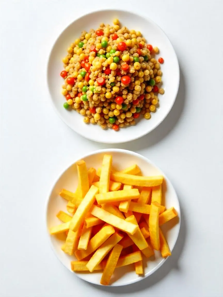 Two plates side by side showing healthy whole foods versus processed fast food, highlighting differences in food quality.