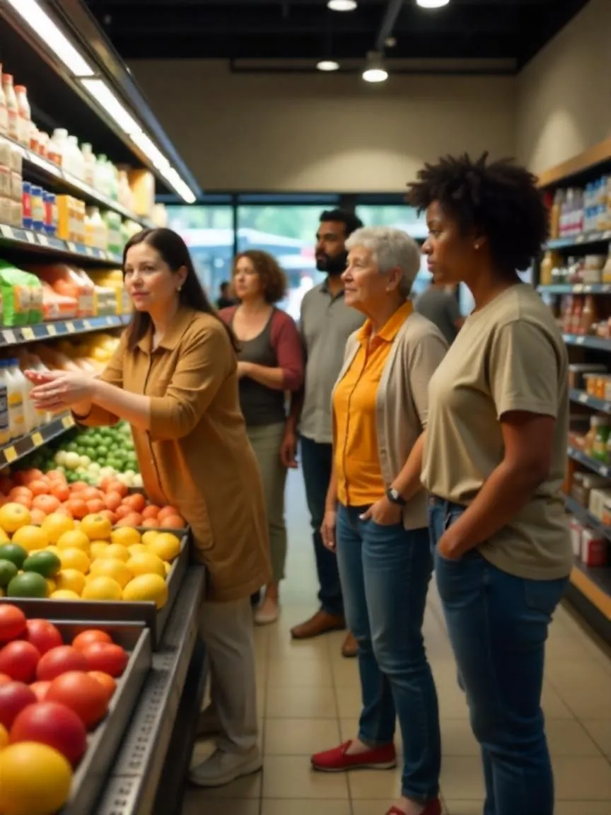Group of diverse consumers choosing between fresh and packaged foods in a store, reflecting varied beliefs about what qualifies as clean eating.