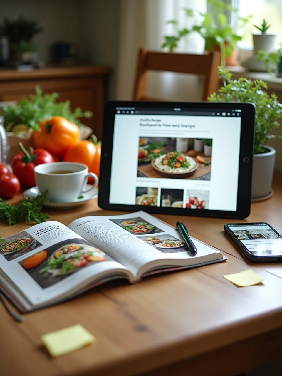 Healthy recipe resources including an open cookbook, tablet with recipe blog, and fresh ingredients on a cozy kitchen table.