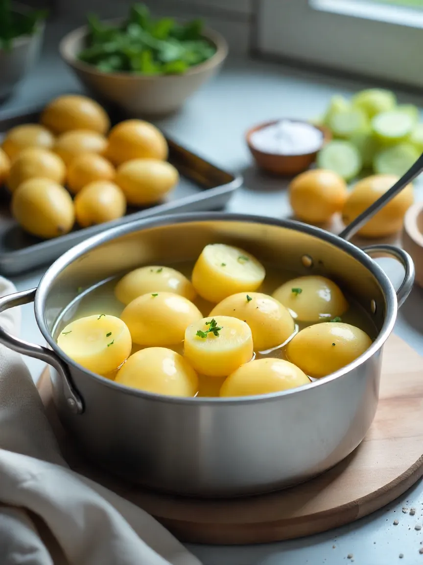 Boiled potatoes cooling on a tray after cooking, ready for potato-cucumber salad, with bright kitchen lighting and fresh, clean setup.