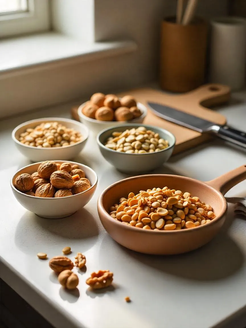 Chopped and whole nuts on a cutting board with a skillet and seed alternatives for allergy-friendly cooking.