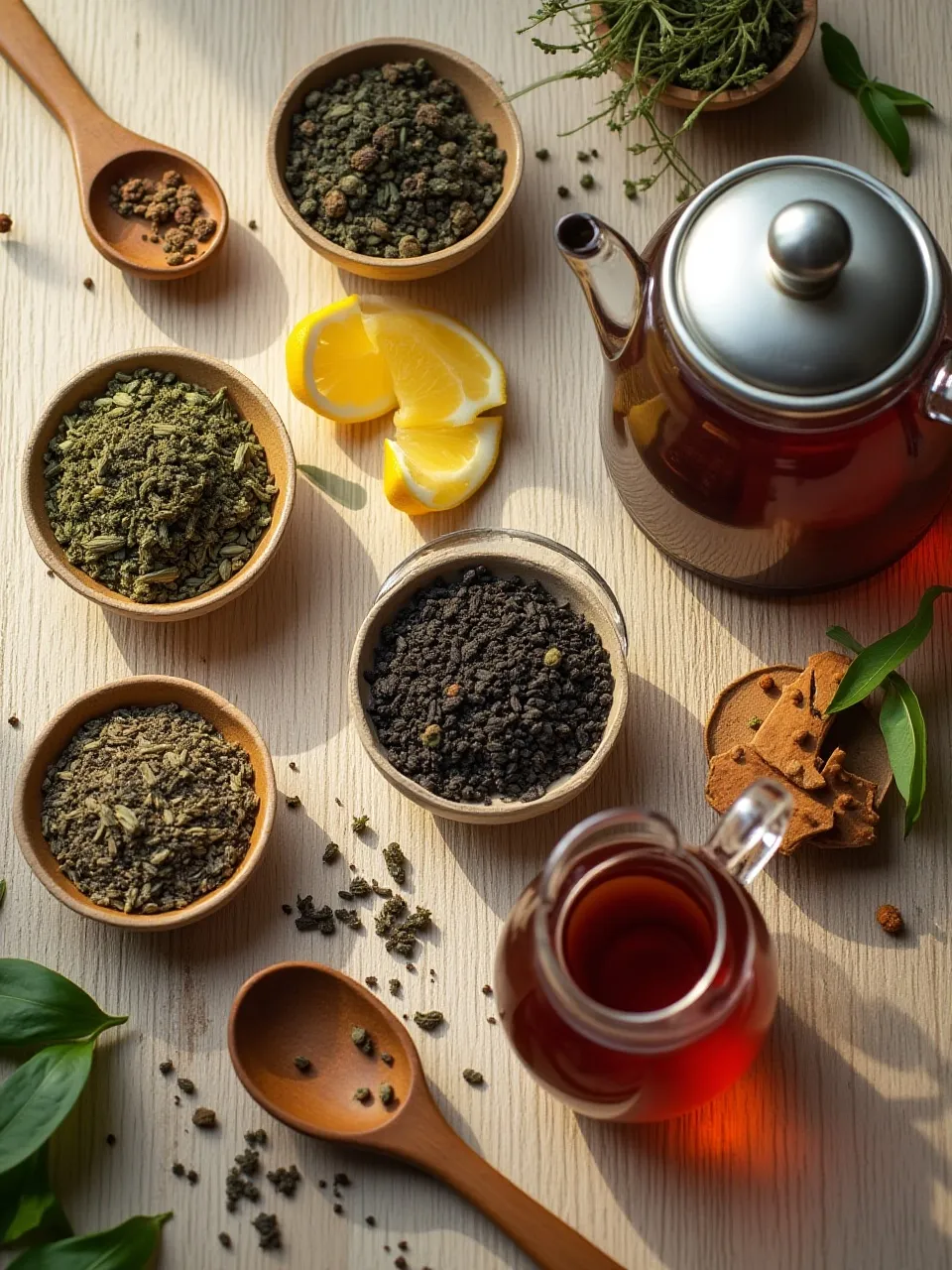 Assorted loose tea leaves with a teapot, spices, and herbs on a rustic wooden surface for tea-based cooking.
