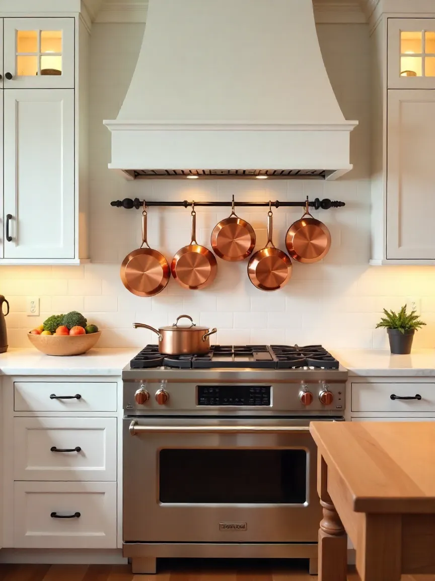 Copper pots and pans hanging above a stove in a bright kitchen with marble backsplash and wooden island for a warm, elegant look.