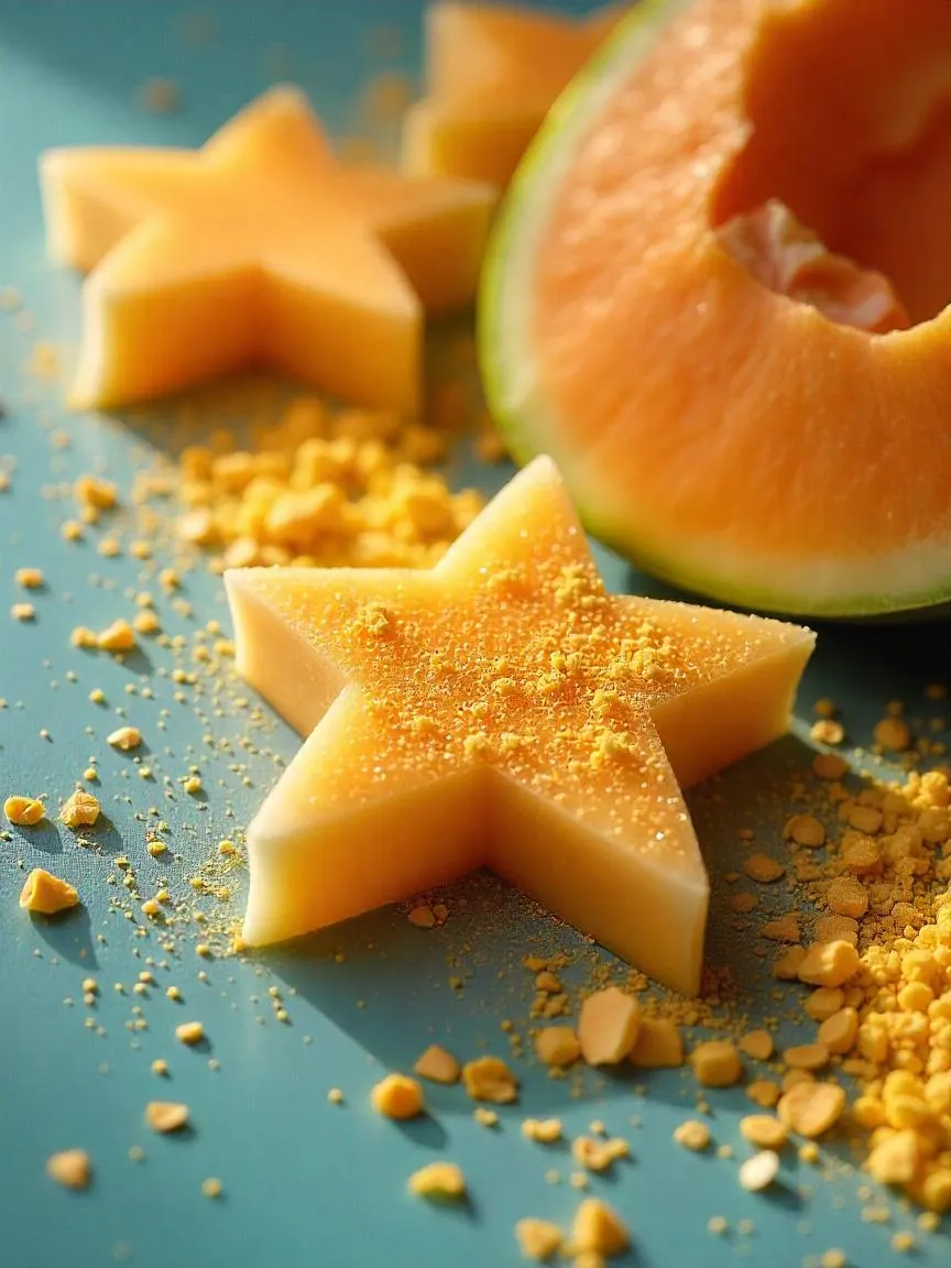 Close-up of edible glitter and gold powder shimmering on a surface, accompanied by star-shaped fruit slices (melon, kiwi, mango), coconut flakes, and bee pollen, creating a sparkling and textured cosmic effect.