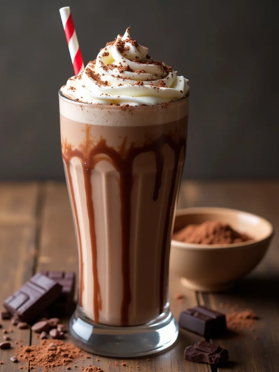 Chocolate milkshake in a tall glass topped with whipped cream, chocolate shavings, and syrup, with dark chocolate pieces on the side.