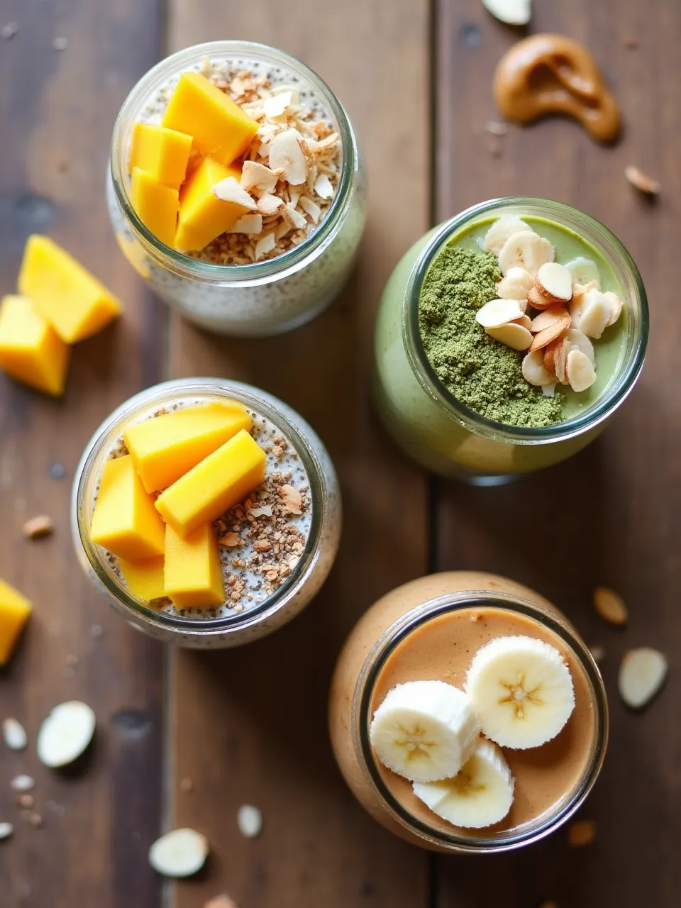 Three creative chia pudding flavors in jars: mango coconut, matcha green tea, and peanut butter banana, topped with fresh fruit and nuts.