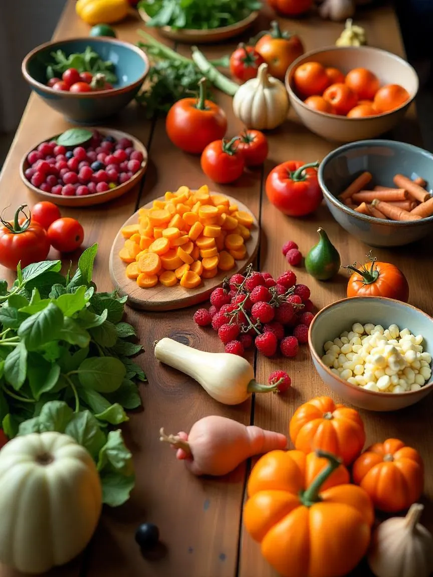 A family-friendly kitchen table with colorful seasonal produce, meal prep in progress, and a playful, inviting cooking scene. 