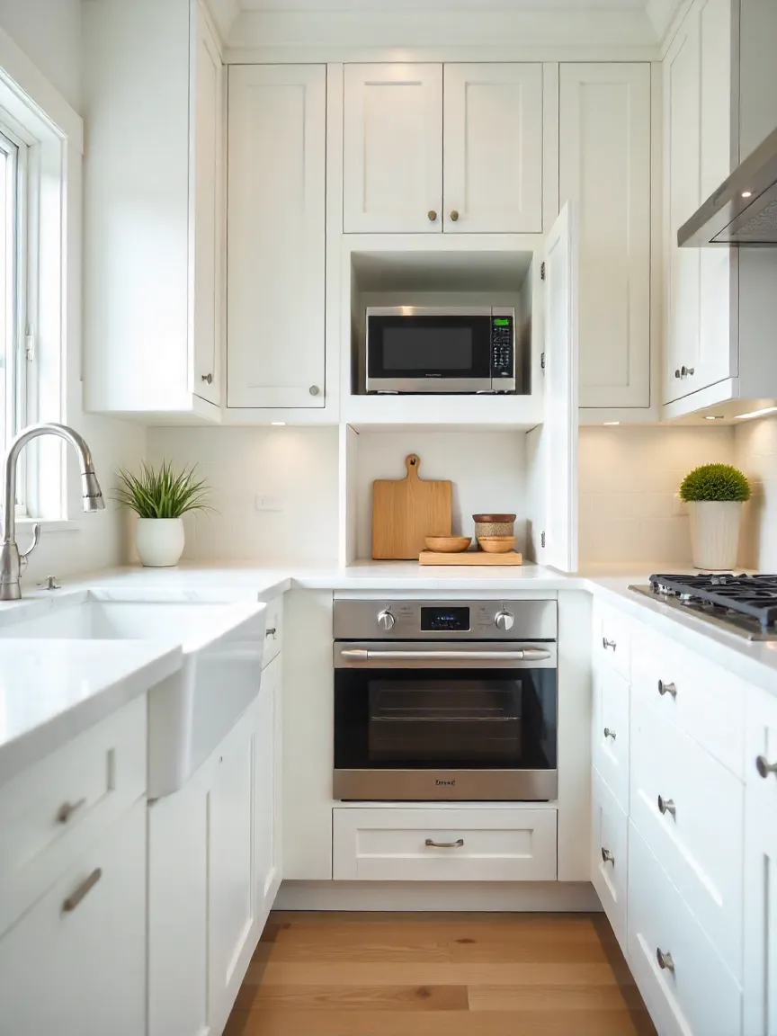 Modern kitchen with hidden appliance garage, rollout shelves, and creative storage solutions for efficient space use.