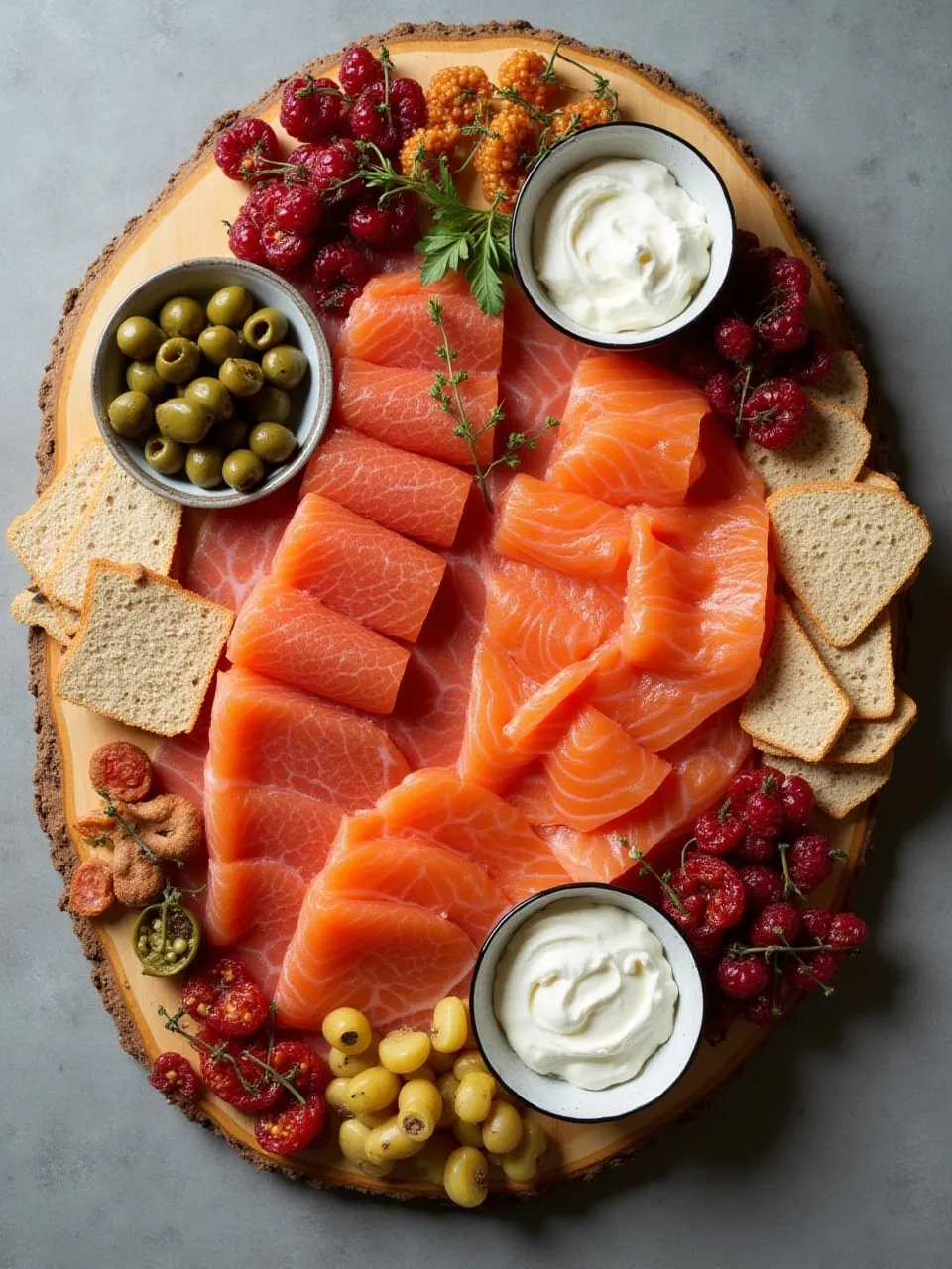 Smoked salmon board with global-inspired flavors and colorful ingredients like beet-cured salmon, pickled ginger, olives, and artisan crackers.