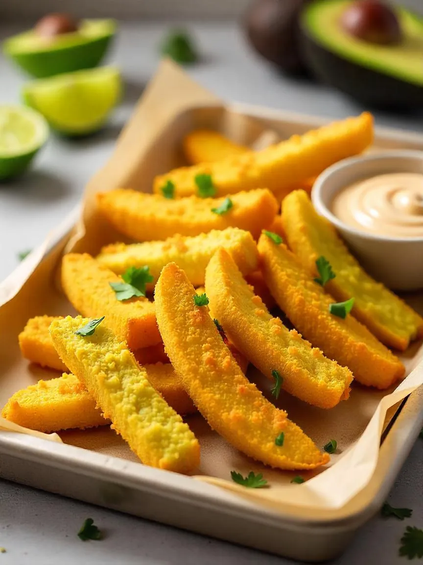 Crispy avocado fries with dipping sauce on a tray, showing golden crust and creamy green inside, served with herbs and lime wedges.