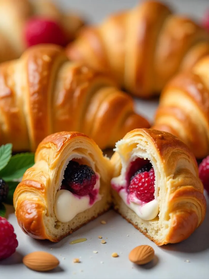 Croissants filled with smooth cream, berries, and crunchy toppings, sliced to show the contrast of textures and freshness in each bite.