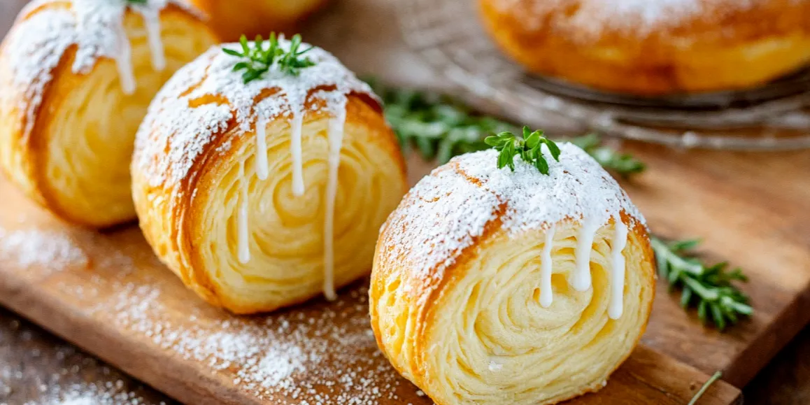 Freshly baked flaky cromboloni pastries with creamy filling on wooden board, dusted with powdered sugar.