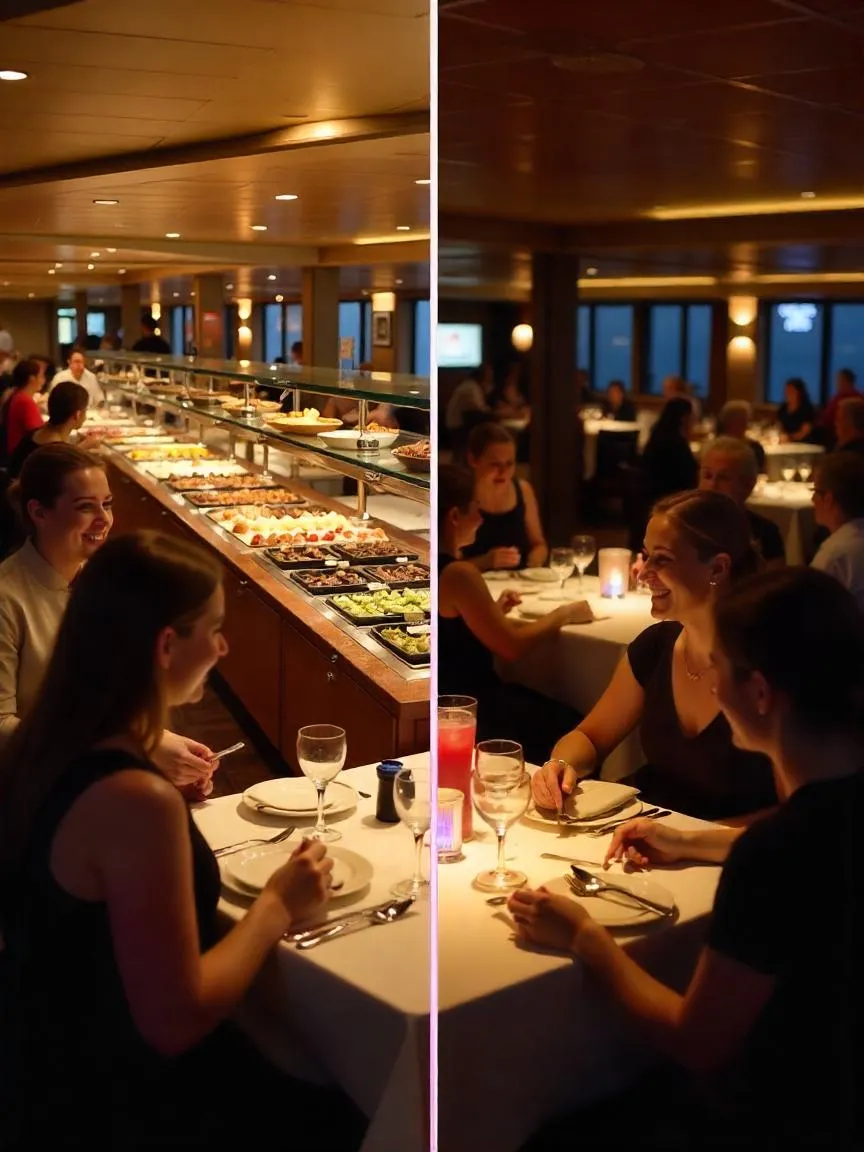 Cruise ship buffet with varied dishes and a cozy specialty restaurant with gourmet food and formal service.