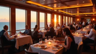 Elegant cruise ship dining room with ocean views, gourmet dishes, and guests enjoying dinner at sunset.