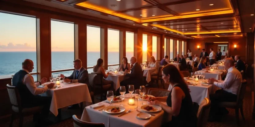 Elegant cruise ship dining room with ocean views, gourmet dishes, and guests enjoying dinner at sunset.
