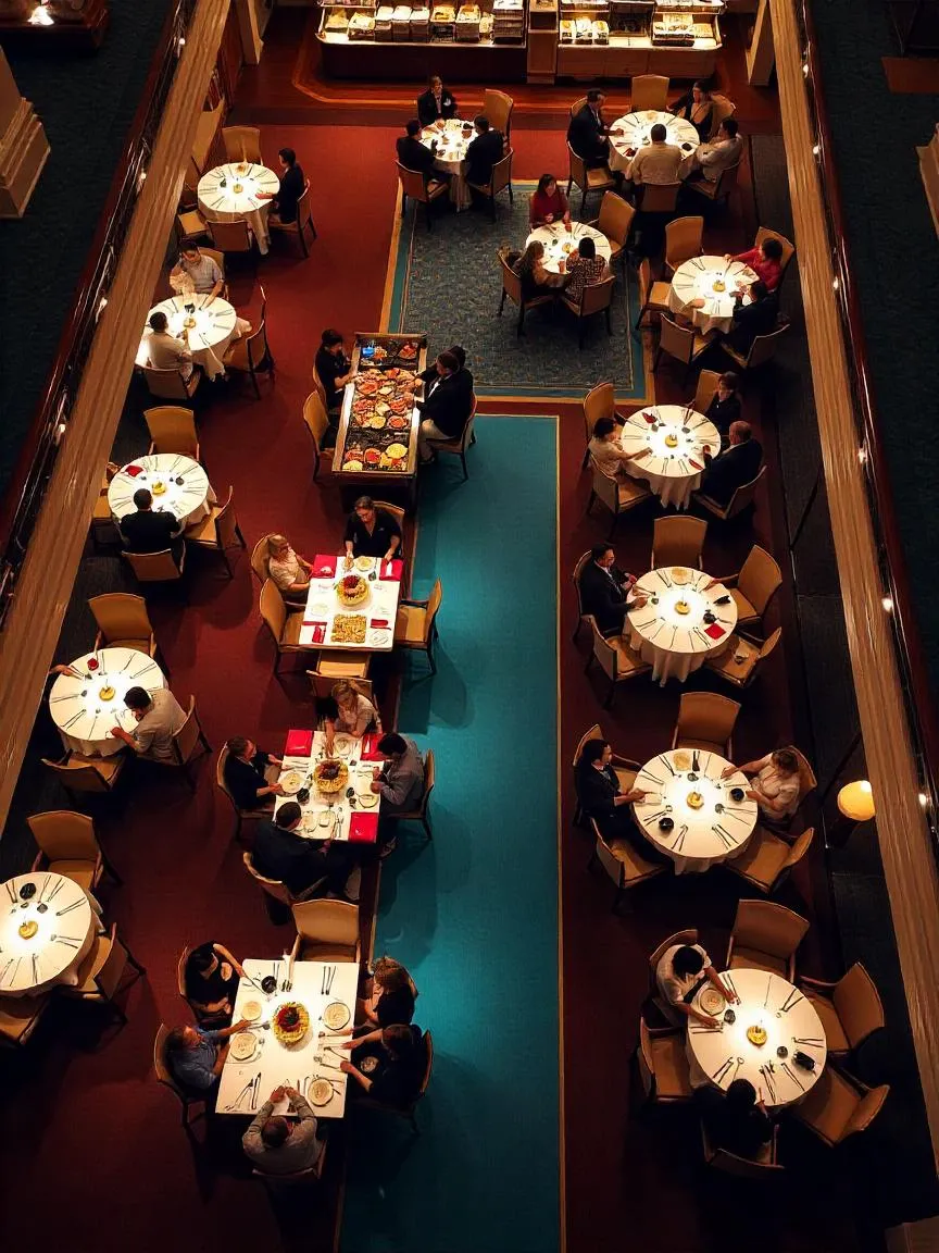 Multiple cruise ship dining venues including a buffet, main dining room, and specialty restaurant with guests enjoying meals.
