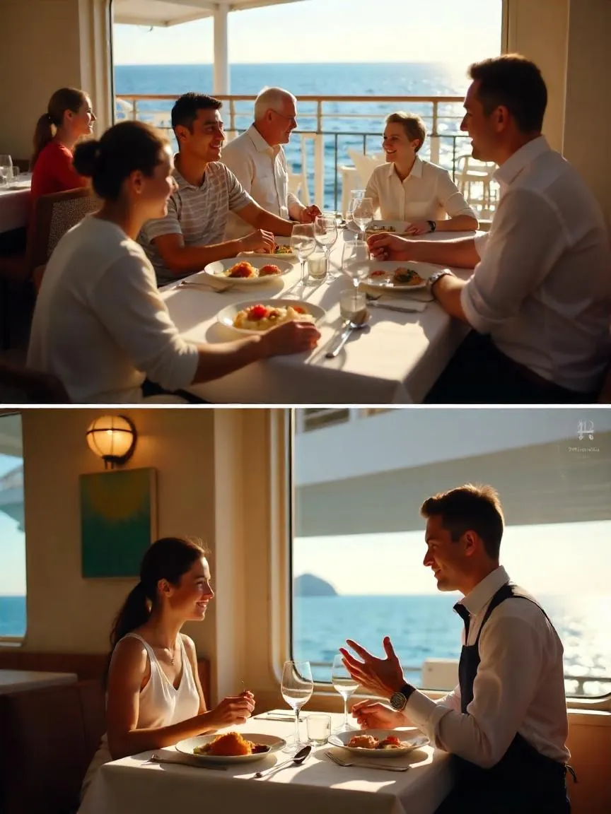 Photorealistic cruise ship dining scene with passengers eating poolside, at a quiet restaurant, and speaking with a server, all with ocean views.