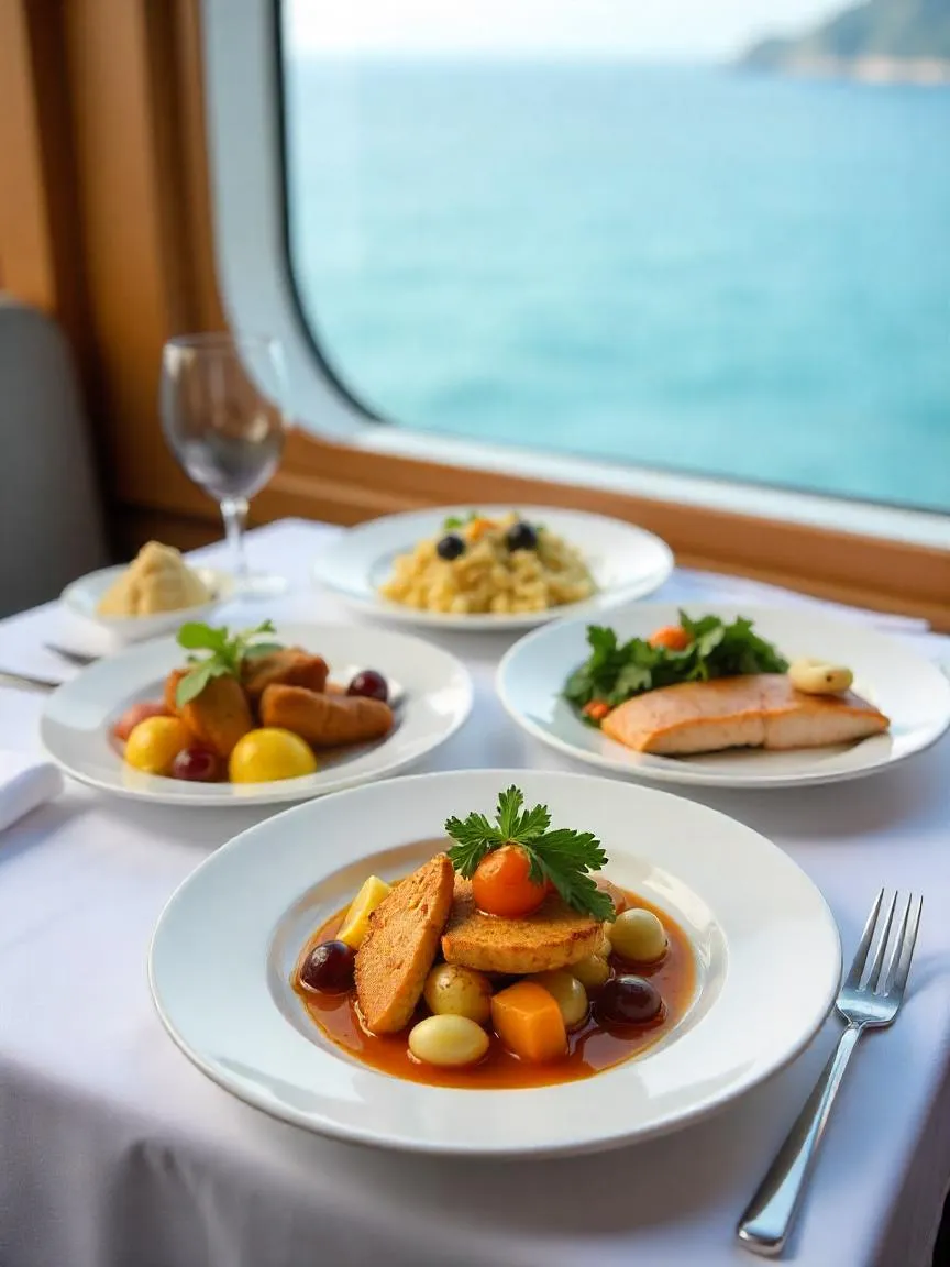 A cruise ship table set with regional dishes like Caribbean jerk chicken, Mediterranean mezze, and Alaskan salmon, with a sea view in the background.