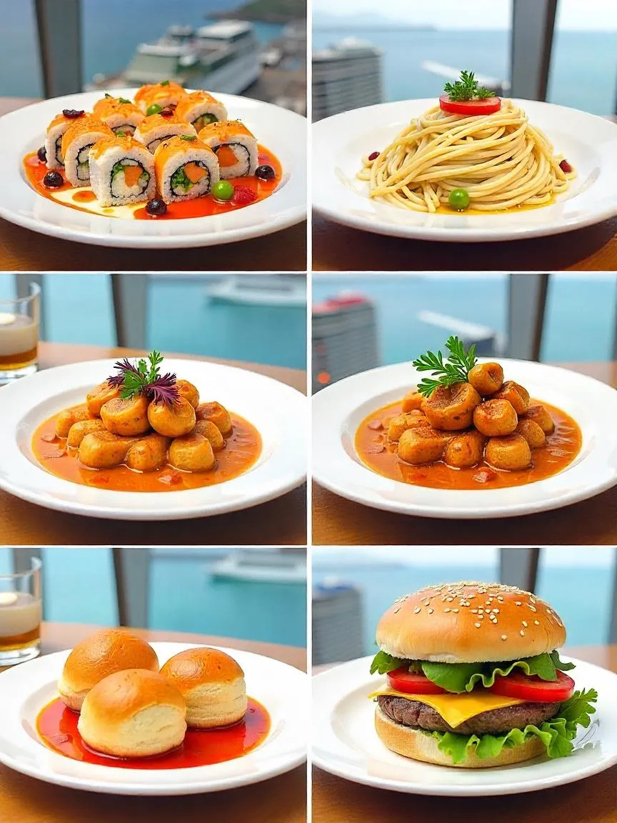 A colorful display of global cuisine served on a cruise ship, including sushi, pasta, curry, and pastries with an ocean view.