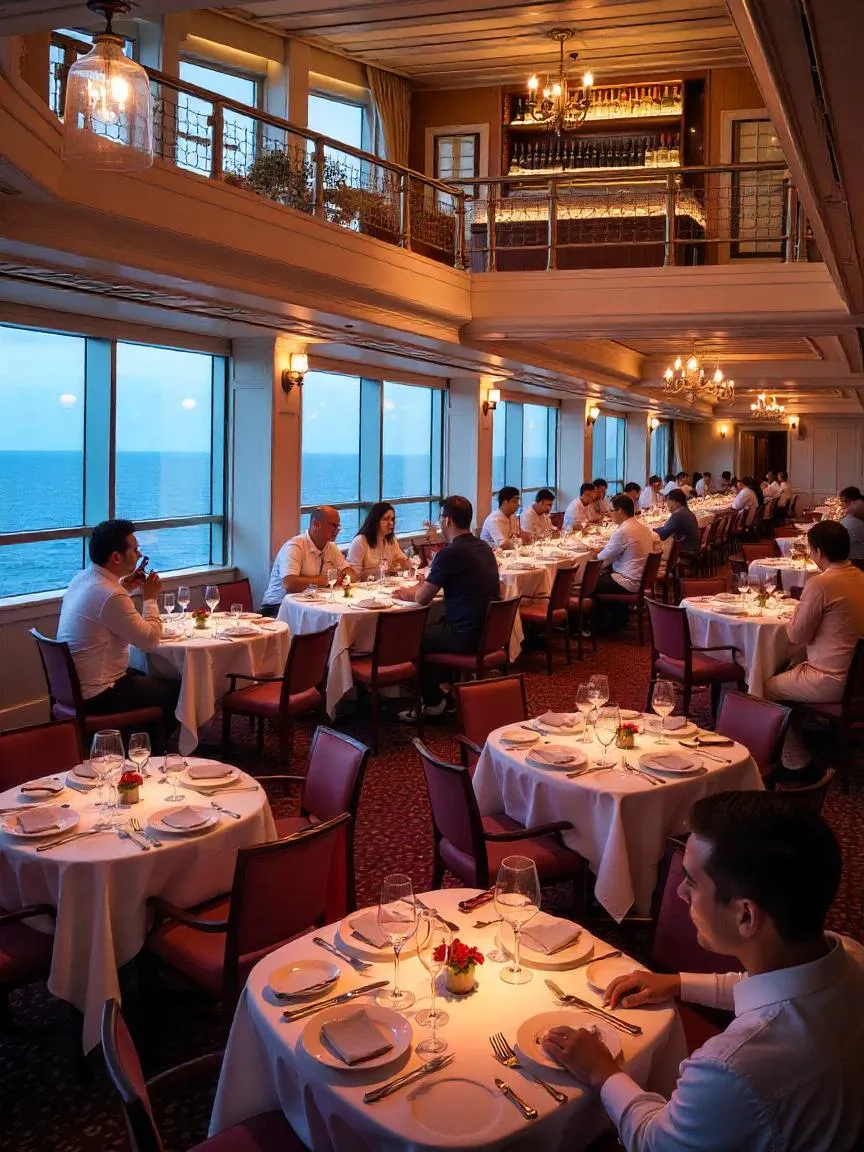 Guests enjoying a Chef’s Table, wine tasting, and a themed dinner night on a cruise ship with ocean views and festive decor.