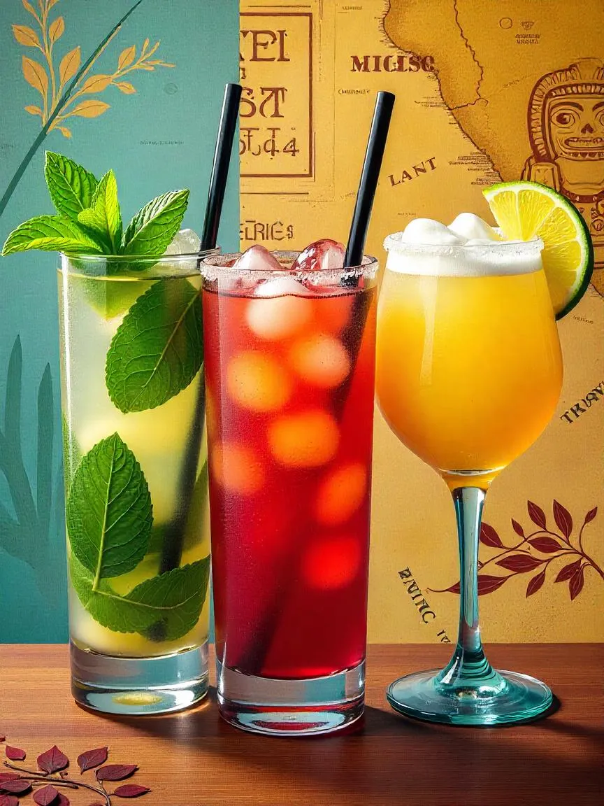 A visually rich display of cocktails from different cultures—Mojito, Mai Tai, and Margarita—surrounded by elements reflecting their regional origins.