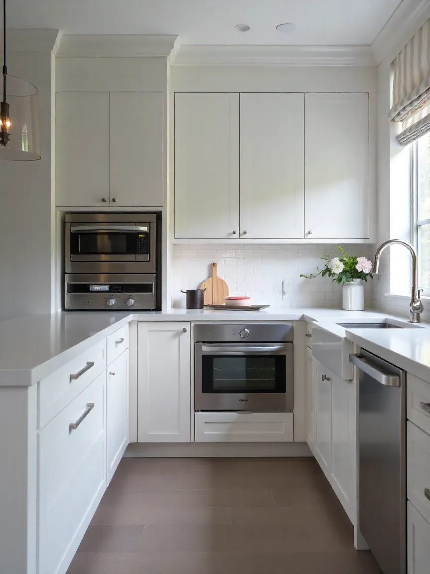 Modern kitchen with custom storage solutions including appliance garage, roll-out shelves, and a corner lazy Susan for efficient space use.
