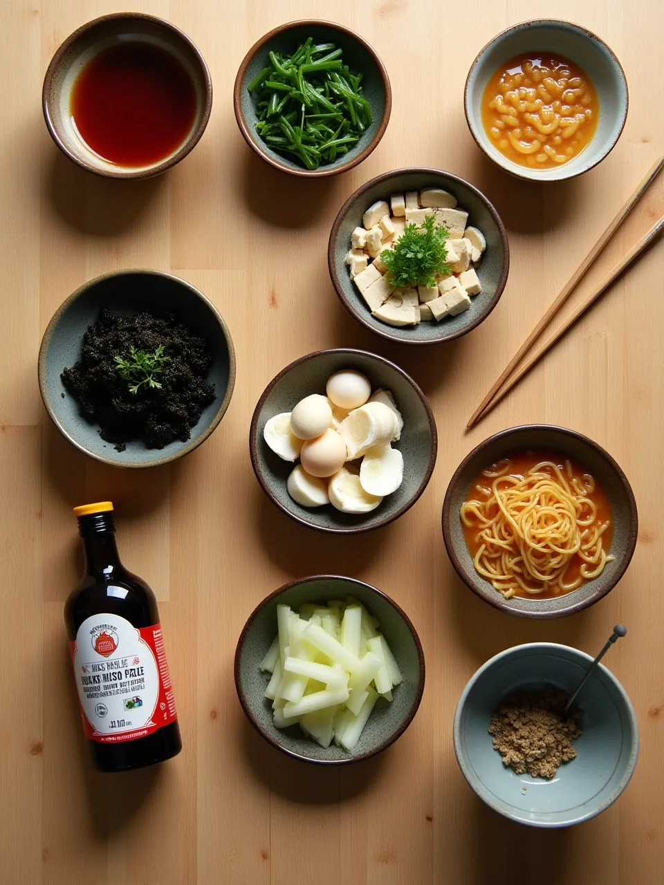 Assorted miso soup ingredients including miso paste types, tofu, seaweed, mushrooms, noodles, and seasonings arranged for customization.