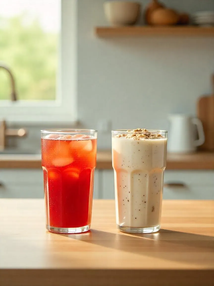 Healthy food alternatives like fruit and water contrasted with sugary snacks and drinks on a table to highlight better dietary choices.