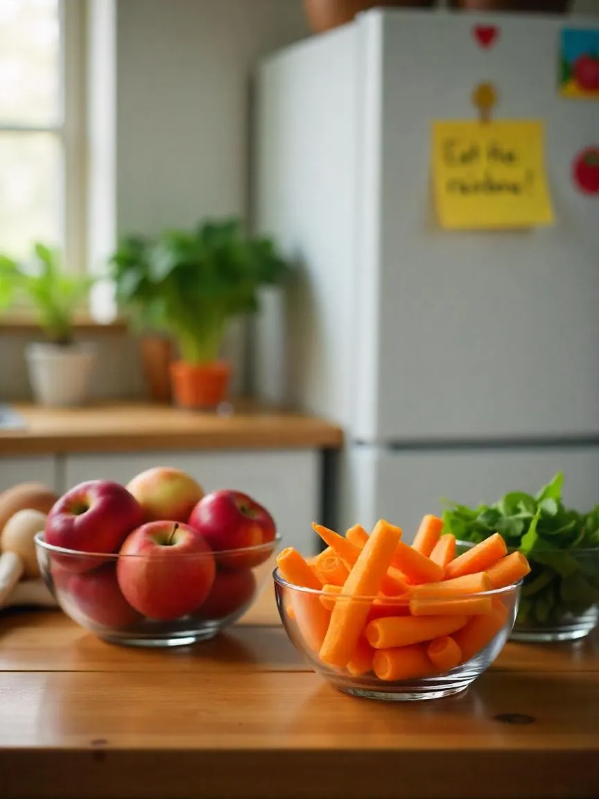 Colorful fruits and vegetables in bowls and containers, ready to eat, promoting daily healthy eating habits. 