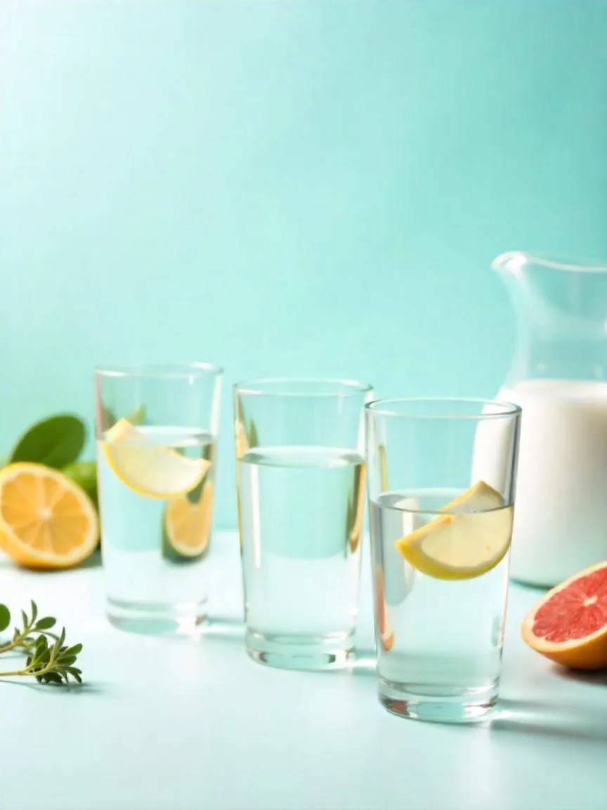 Multiple clusters of water glasses arranged by quantity to reflect different daily hydration needs for men, women, and children, set on a bright, fresh background.