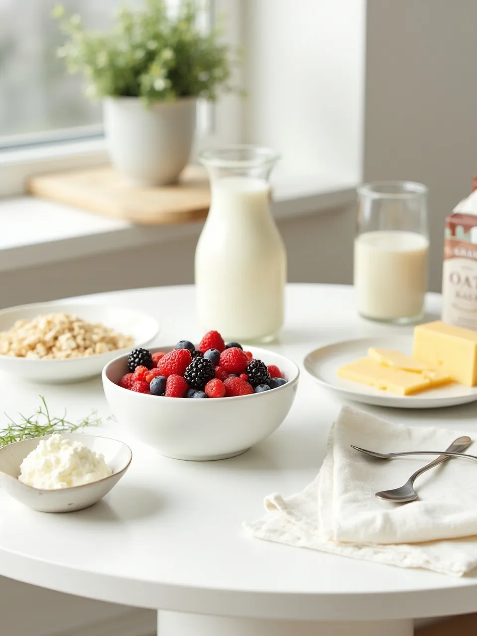 Healthy breakfast with Greek yogurt, cottage cheese, almond milk, oat milk, berries, and granola.