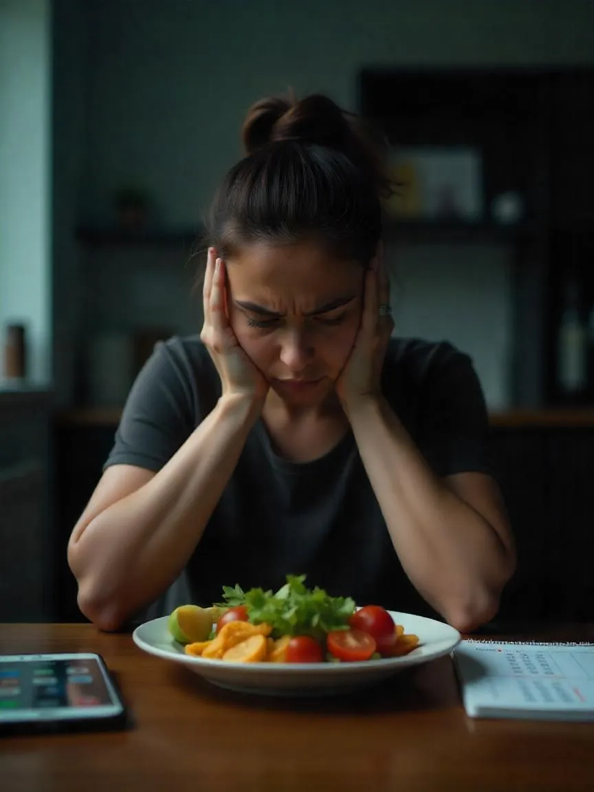 Person sitting alone with healthy food, looking anxious, symbolizing the emotional toll and restrictive nature of extreme clean eating habits.