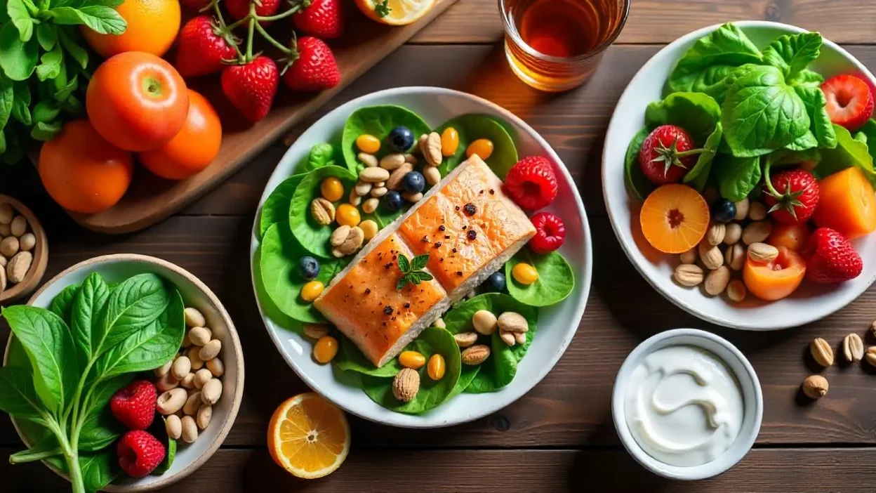 Top-down view of a DASH diet meal with fruits, vegetables, whole grains, grilled fish, low-fat dairy, and nuts on a wooden table.