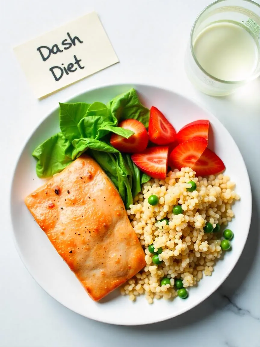 Healthy DASH diet plate with lean protein, vegetables, whole grains, and fruit, with a card labeled “DASH Diet” on a clean table setting.