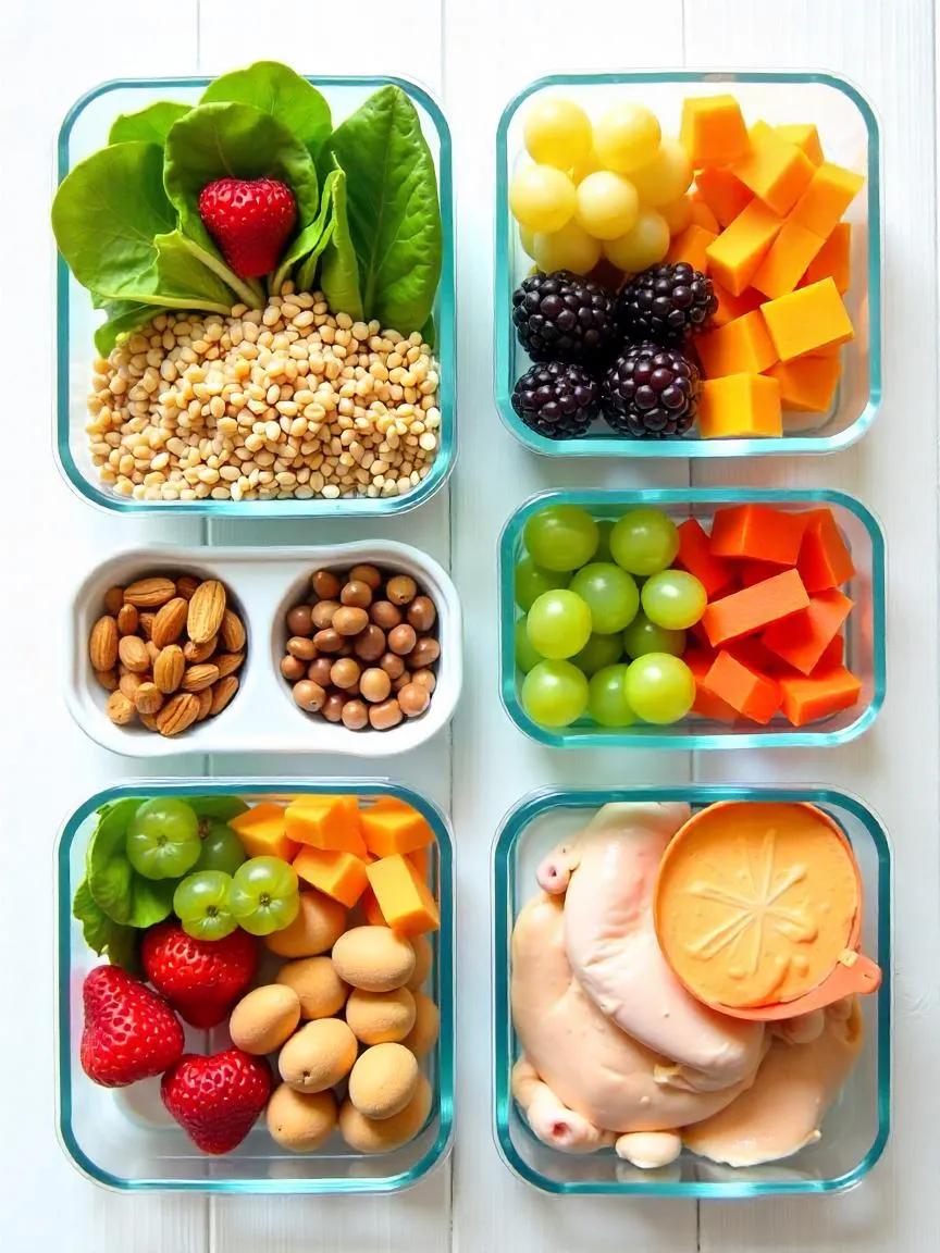 Meal prep containers filled with DASH-friendly foods like vegetables, fruits, grains, dairy, lean proteins, and nuts, arranged to show balance and portion control.