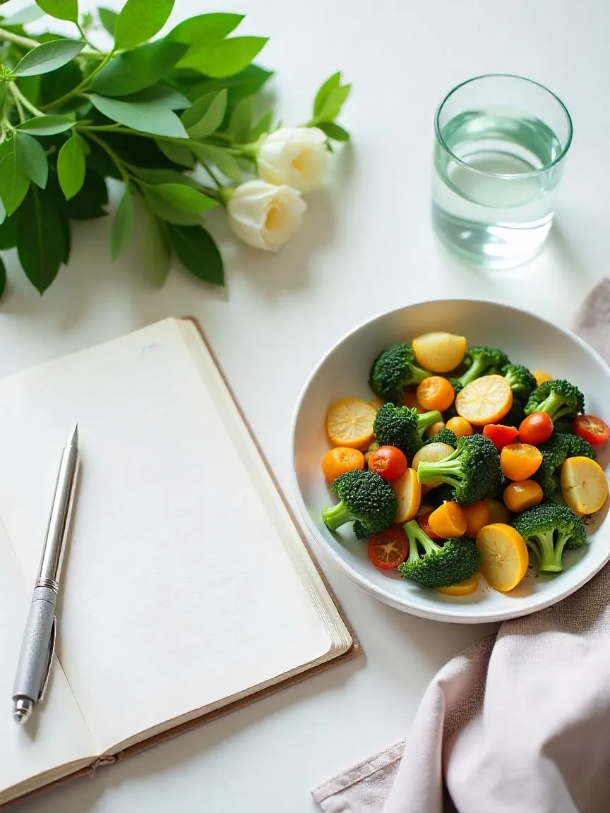 Balanced DASH meal with grilled fish, vegetables, and fruit next to a checklist and water glass, symbolizing the conclusion and benefits of the diet.