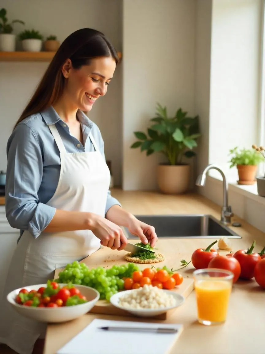 Person preparing a balanced DASH meal with fresh, whole ingredients and a notepad, illustrating a flexible and thoughtful approach to healthy eating.