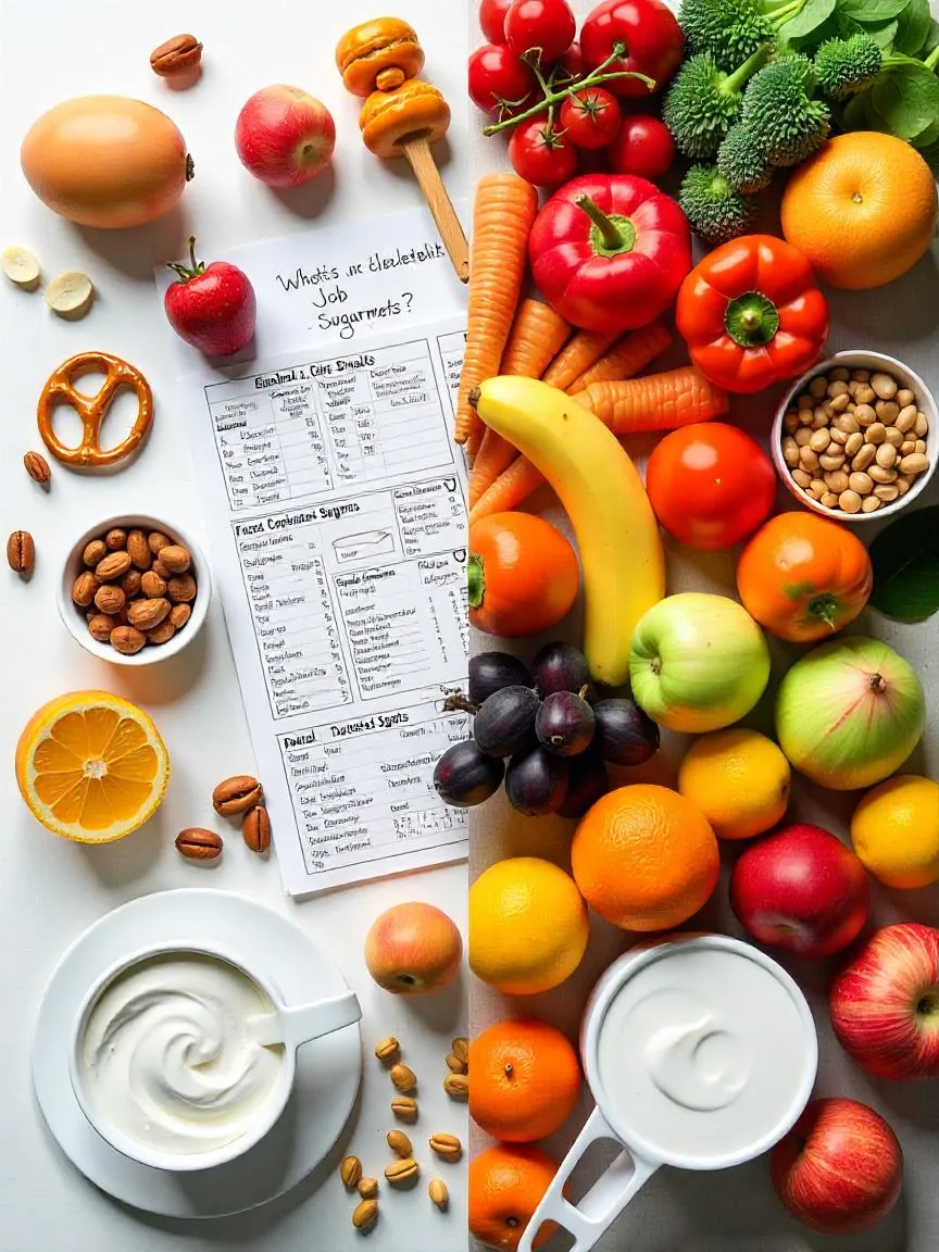 Split view showing challenges of the DASH diet, with processed foods and confusing items on one side, and balanced whole foods with planning tools on the other.