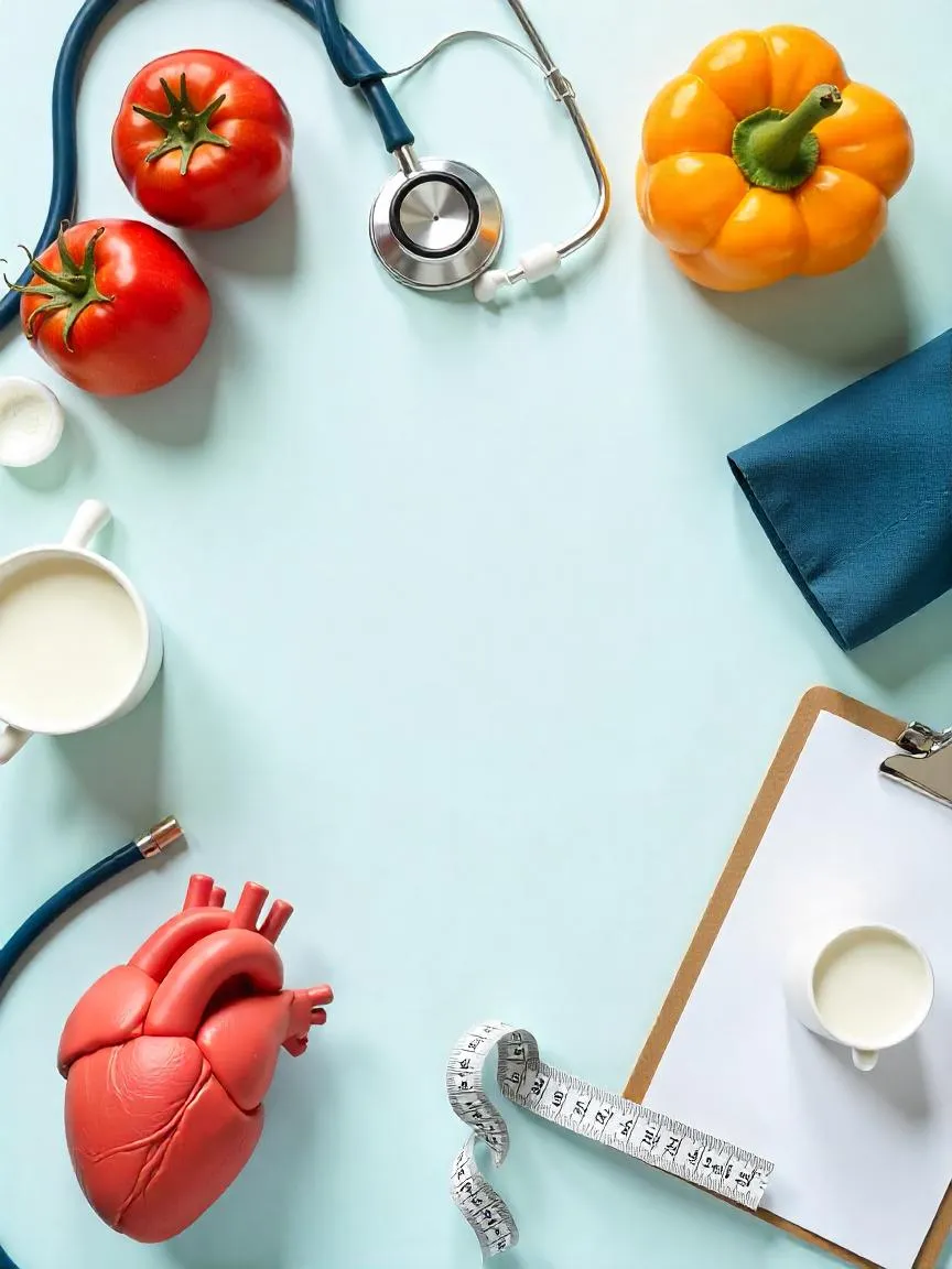 DASH diet foods arranged with health and research-related objects like a stethoscope, blood pressure cuff, and lab tools, symbolizing scientific evidence.