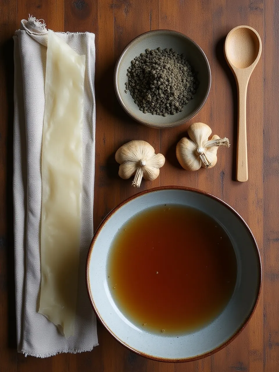 Flat lay of dashi broth ingredients including kombu seaweed, bonito flakes, shiitake mushrooms, and a bowl of dashi on a wooden table.